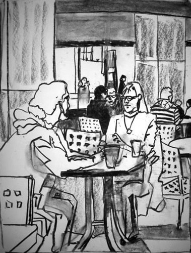 Social hour, 30 Rock Concourse; 
Willow Charcoal/Paper, 2013; 
24 x 18 in.